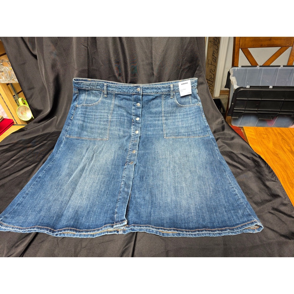 Sonoma Goods For Life High Rise Button Front Denim Skirt Womens 26W Stretch Blue